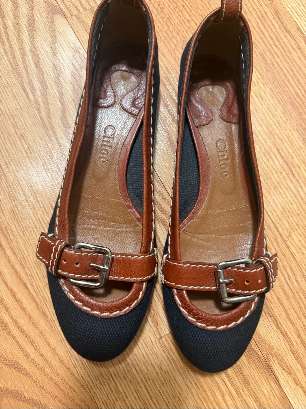Chloe Brown Leather-Trim Black Canvas Flats with Buckle - Picture 11 of 12
